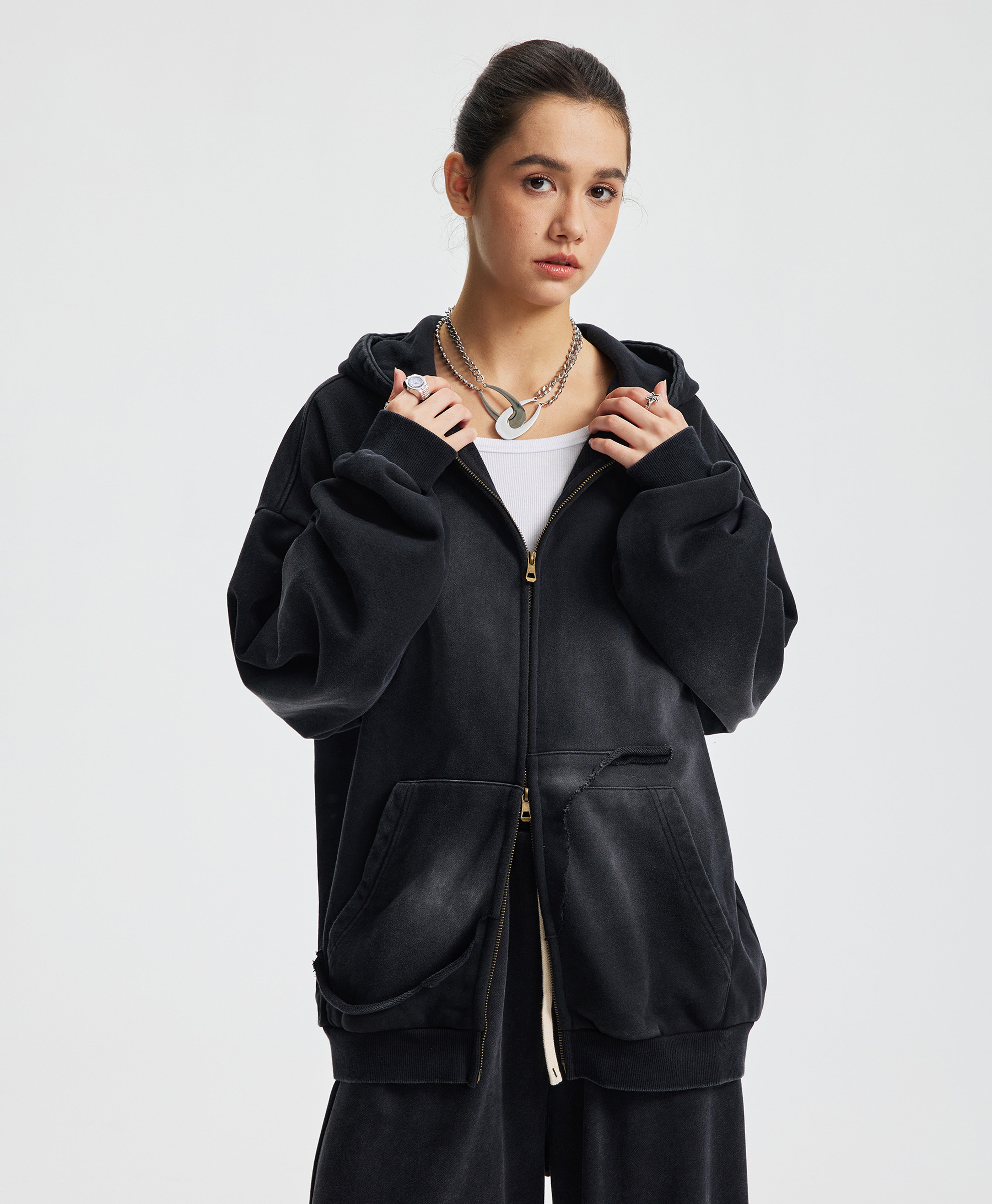 ATHENTIQ WASHED DISTRESS POCKET ZIP HOODIE