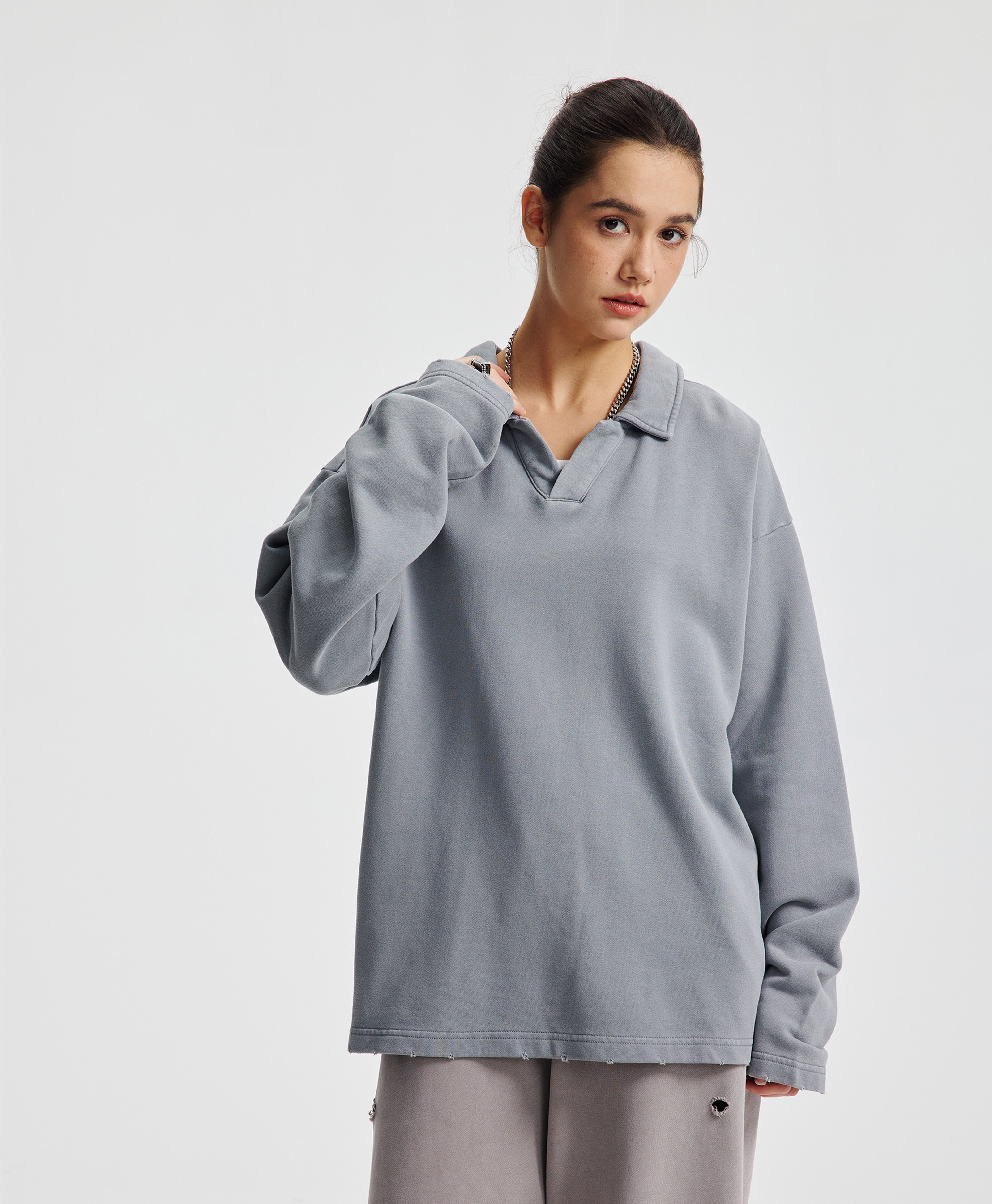 ATHENTIQ WASHED FLEECE POLO SWEATER