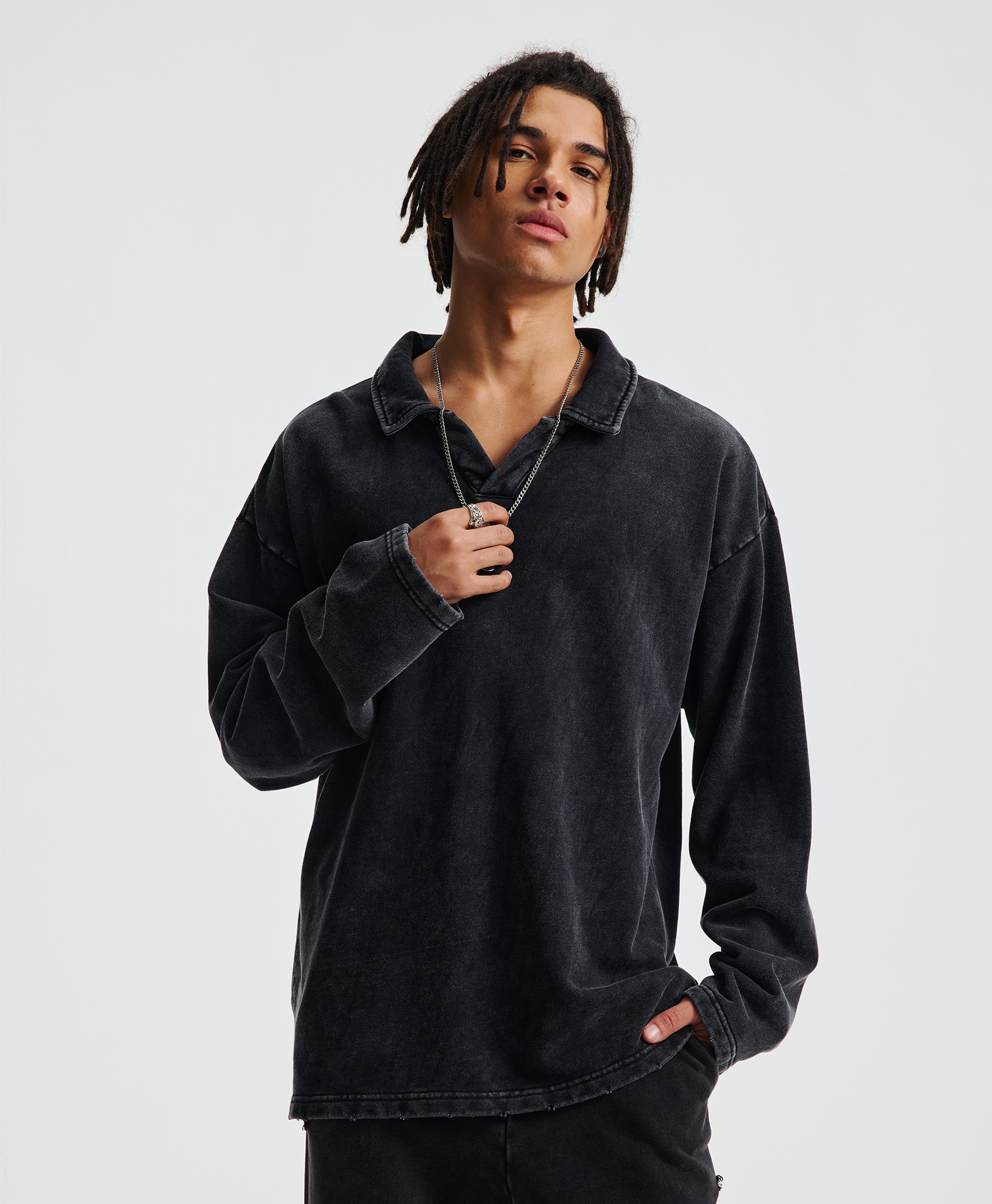 ATHENTIQ WASHED FLEECE POLO SWEATER