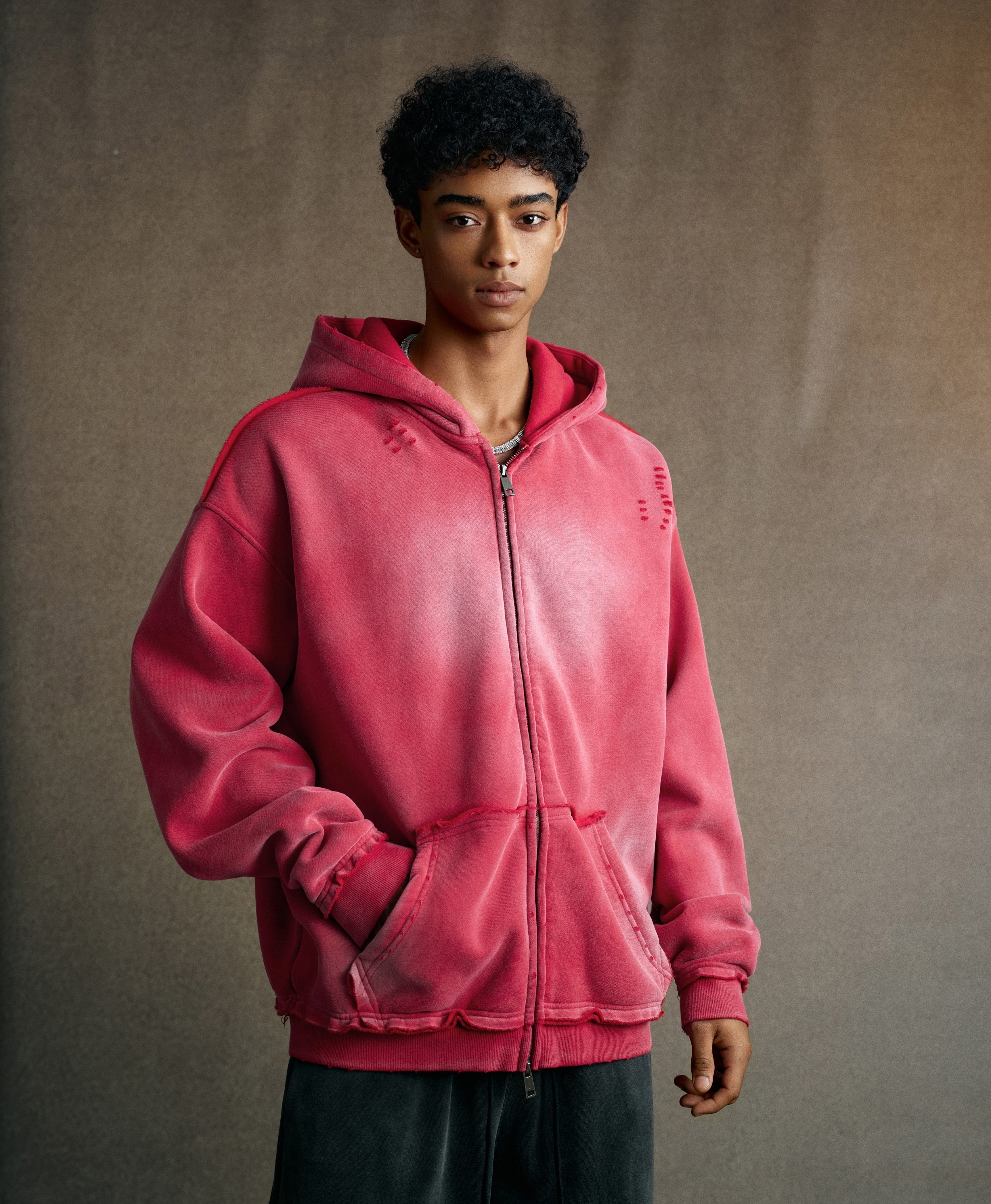 ATHENTIQ WASHED RIPPED ZIP HOODIE
